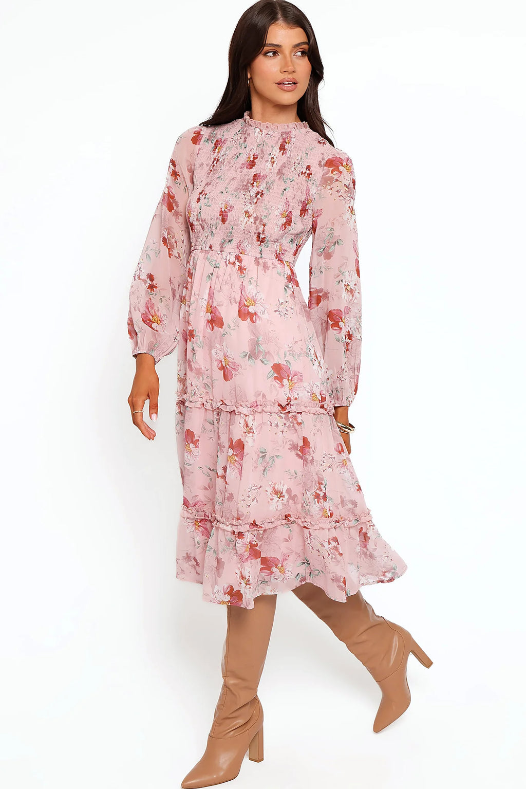Drop tiered A-line skirt on a pink floral midi dress