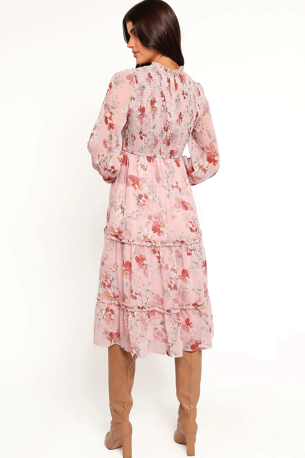 Close-up detail of a pink pink floral midi dress, sheer sleeves, showing the neckline and bodice detail