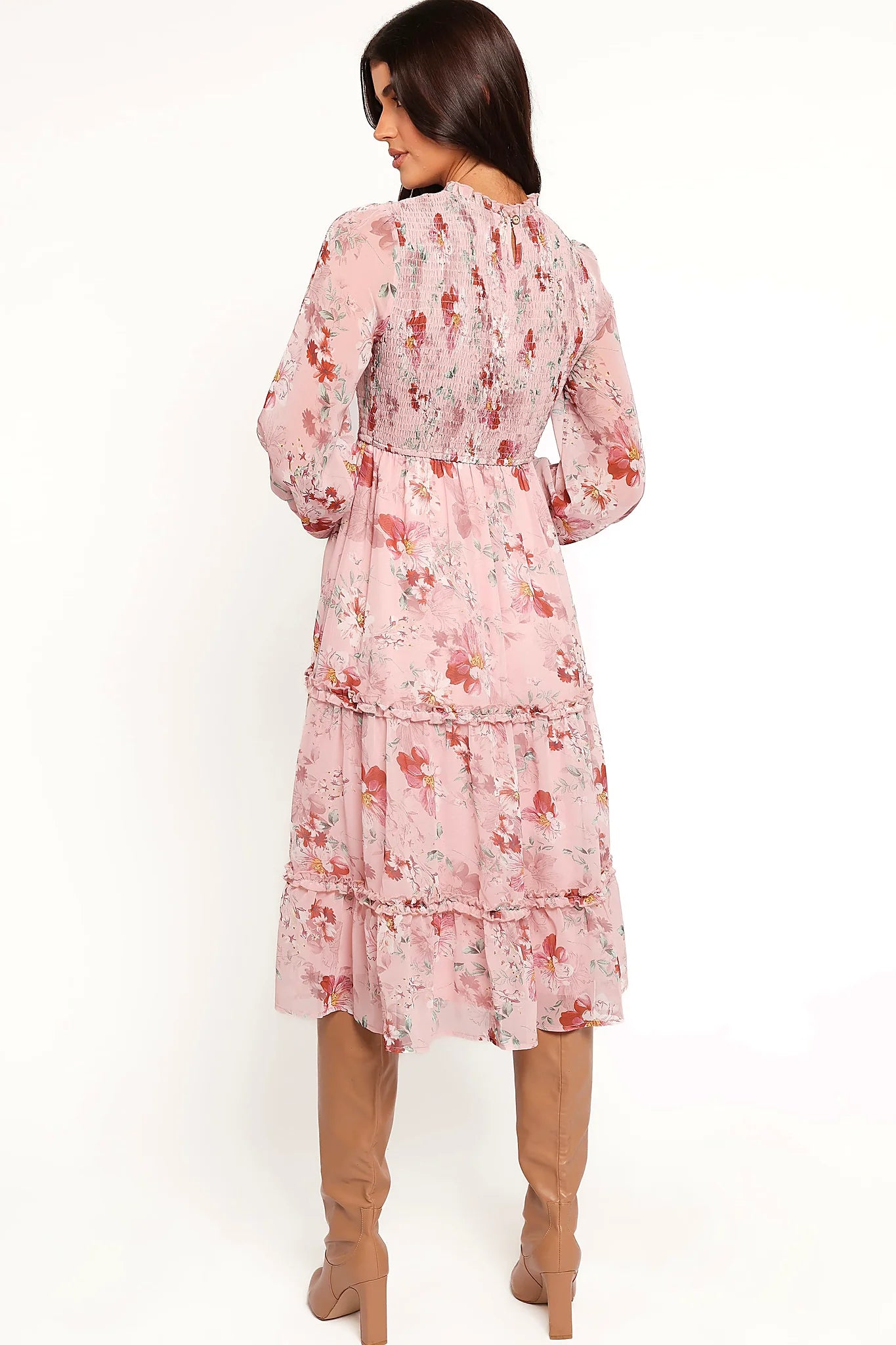 Close-up detail of a pink pink floral midi dress, sheer sleeves, showing the neckline and bodice detail