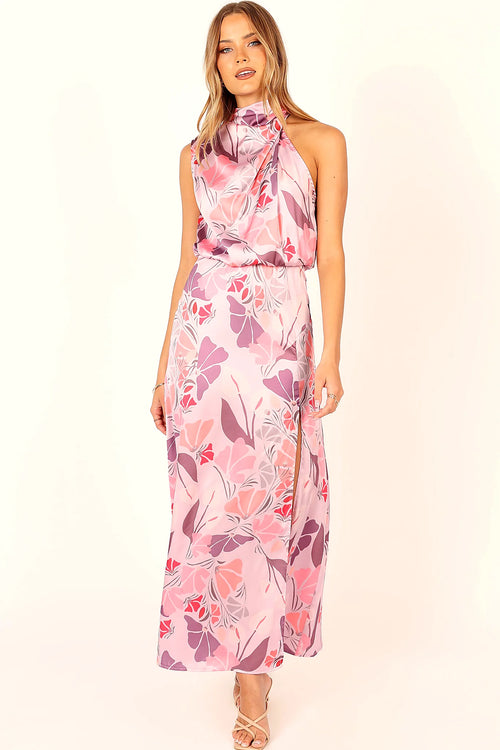 Back view of a pink pink floral maxi dress, asymmetric neck, showing the neckline and bodice detail