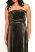 Front view of a olive strapless maxi dress, satin feel, worn by a model against a plain studio backdrop