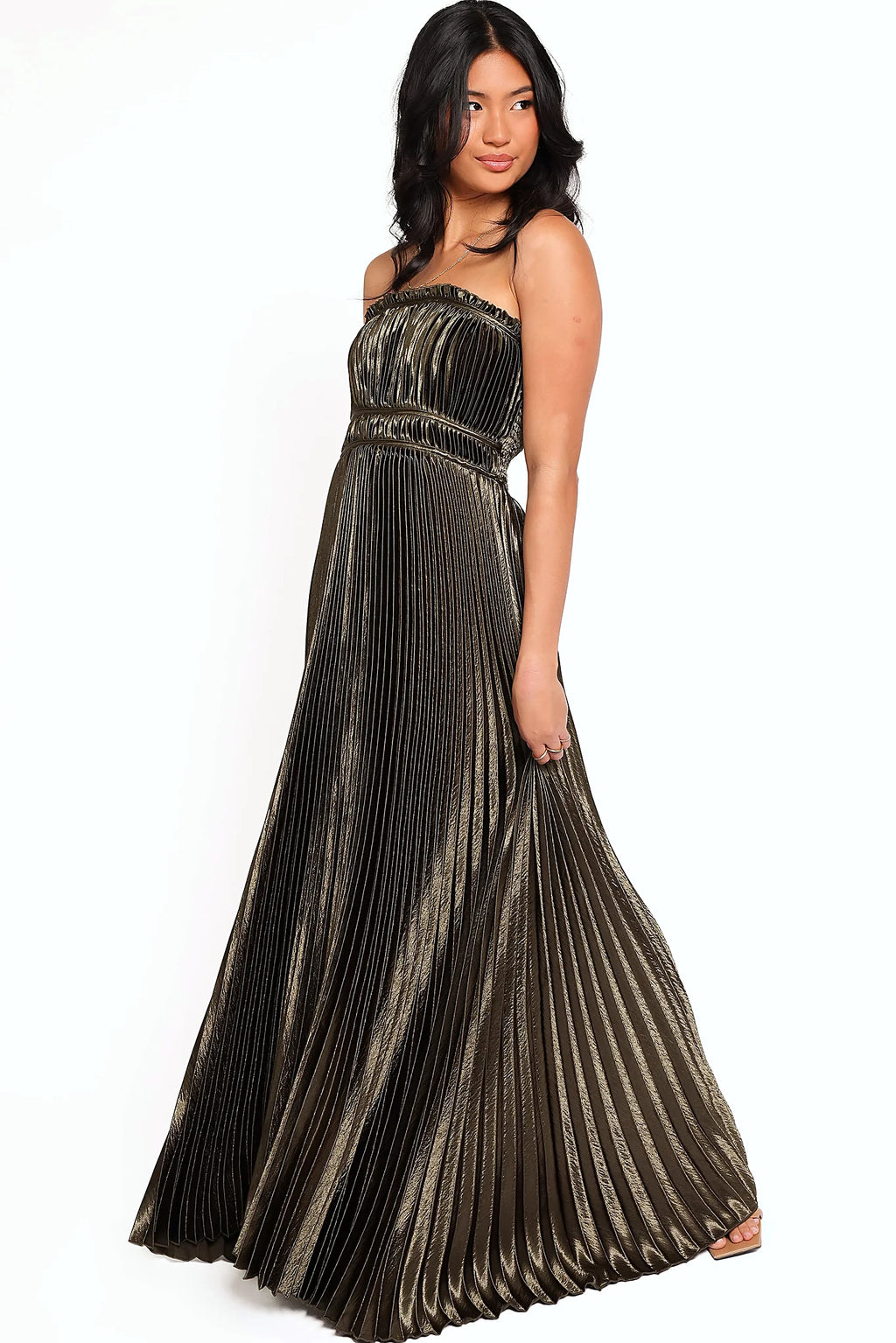 Side view of a olive strapless maxi dress, satin feel, showing the neckline and bodice detail
