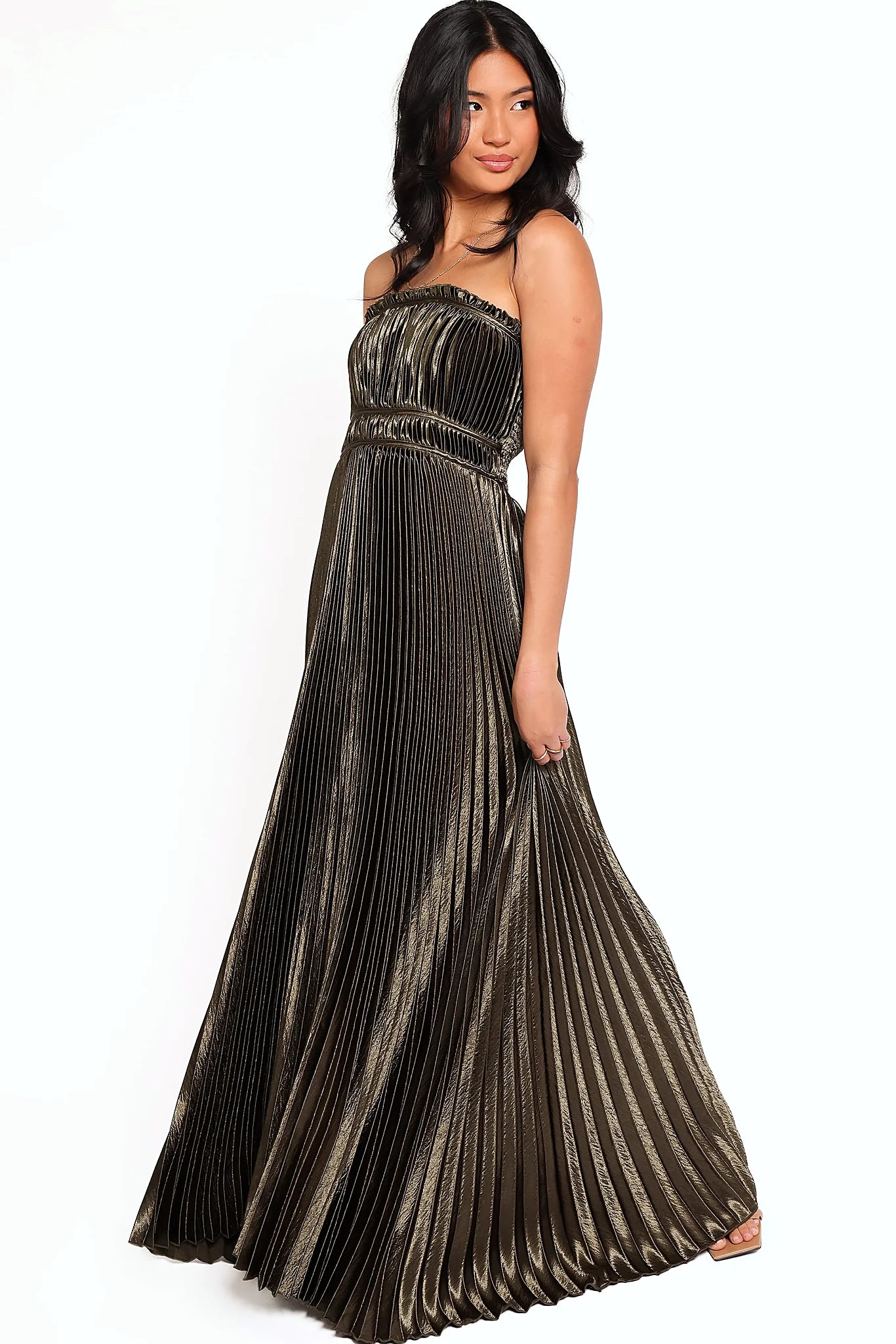 Shirred back panel on a pleated olive maxi dress