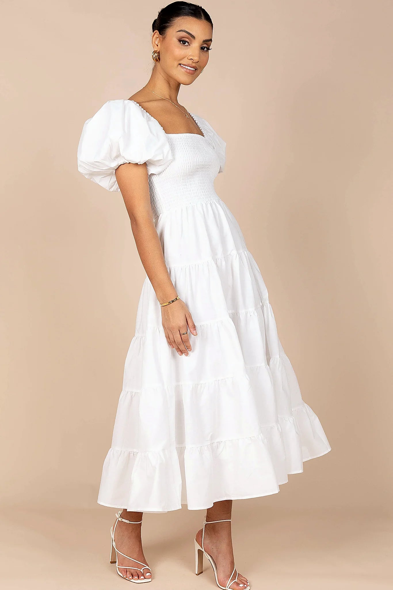 Annette Puff Sleeve Shirred Midi Dress - White