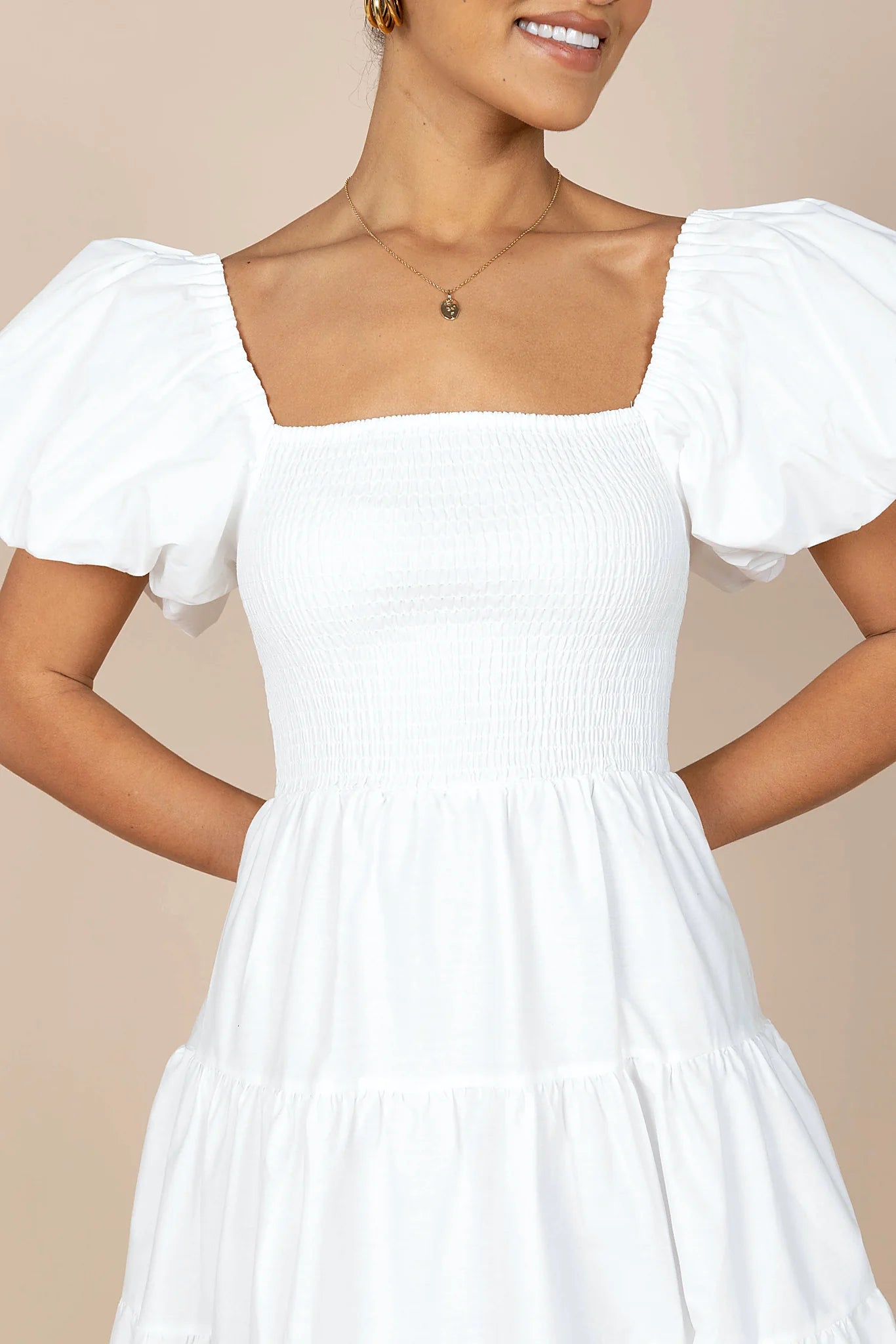 Annette Puff Sleeve Shirred Midi Dress - White