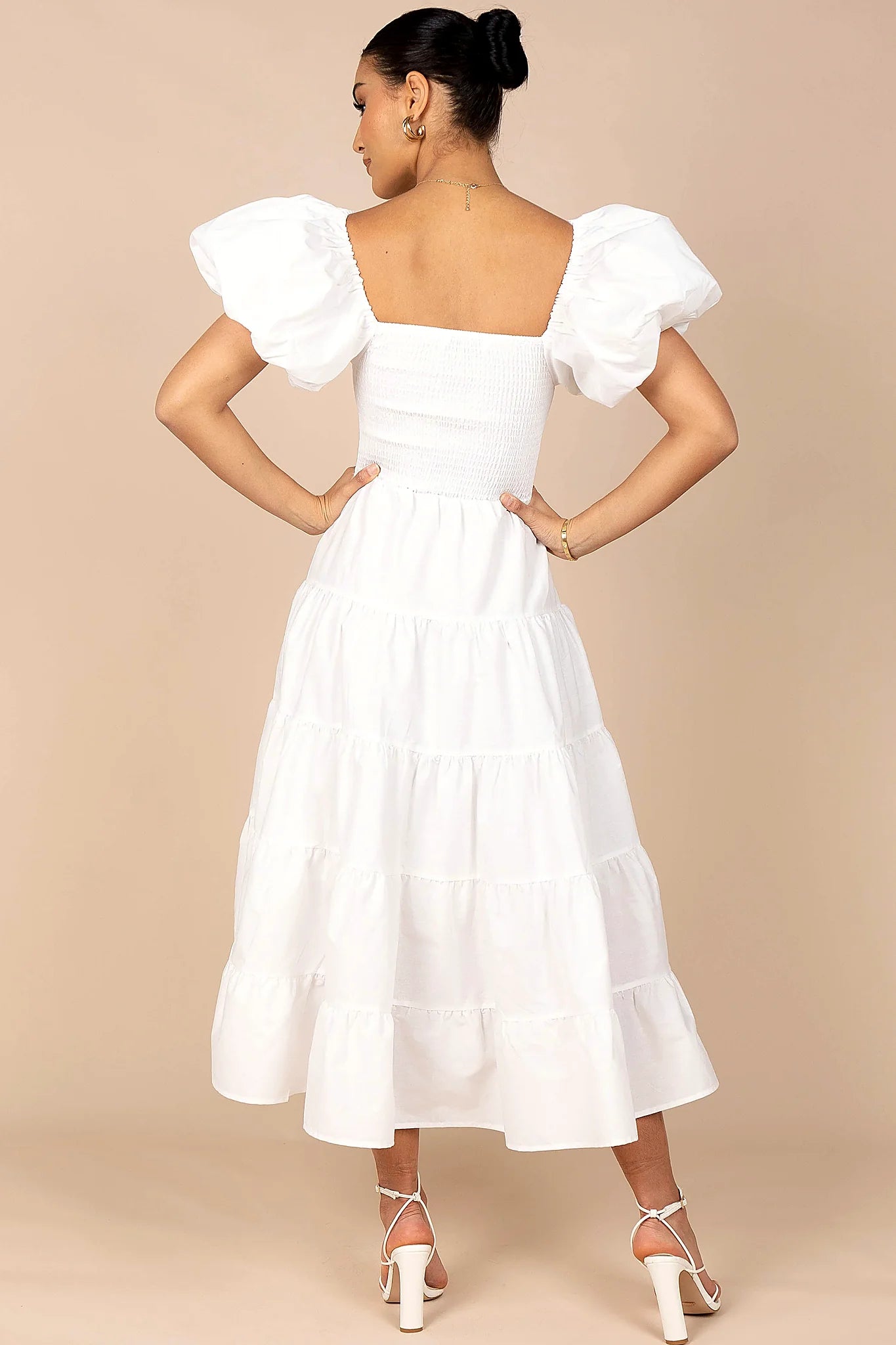 Annette Puff Sleeve Shirred Midi Dress - White