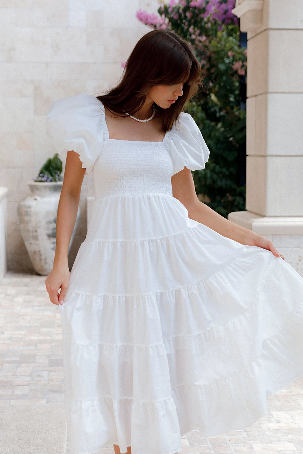 Annette Puff Sleeve Shirred Midi Dress - White