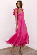 Front view of a up back berry midi dress, lace, showing the fabric and hem finish