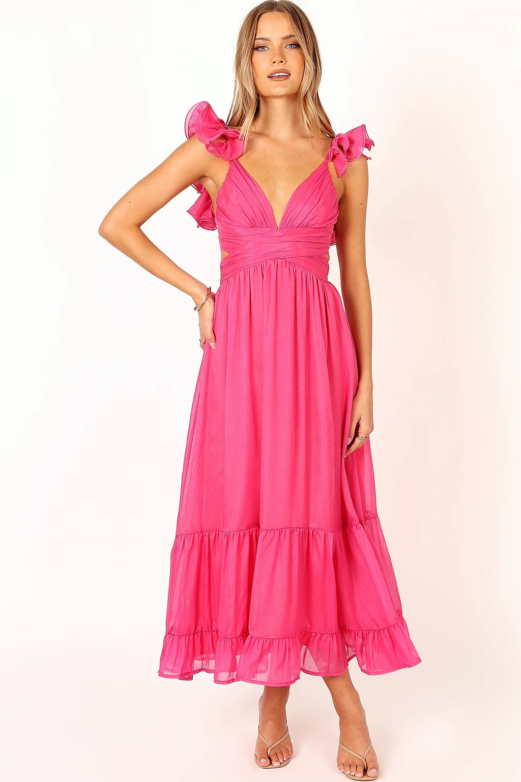 Close-up detail of a up back berry midi dress, lace, showing the neckline and bodice detail