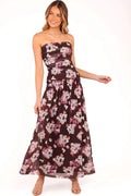 Front view of a brown purple floral strapless maxi dress, showing the fabric and hem finish