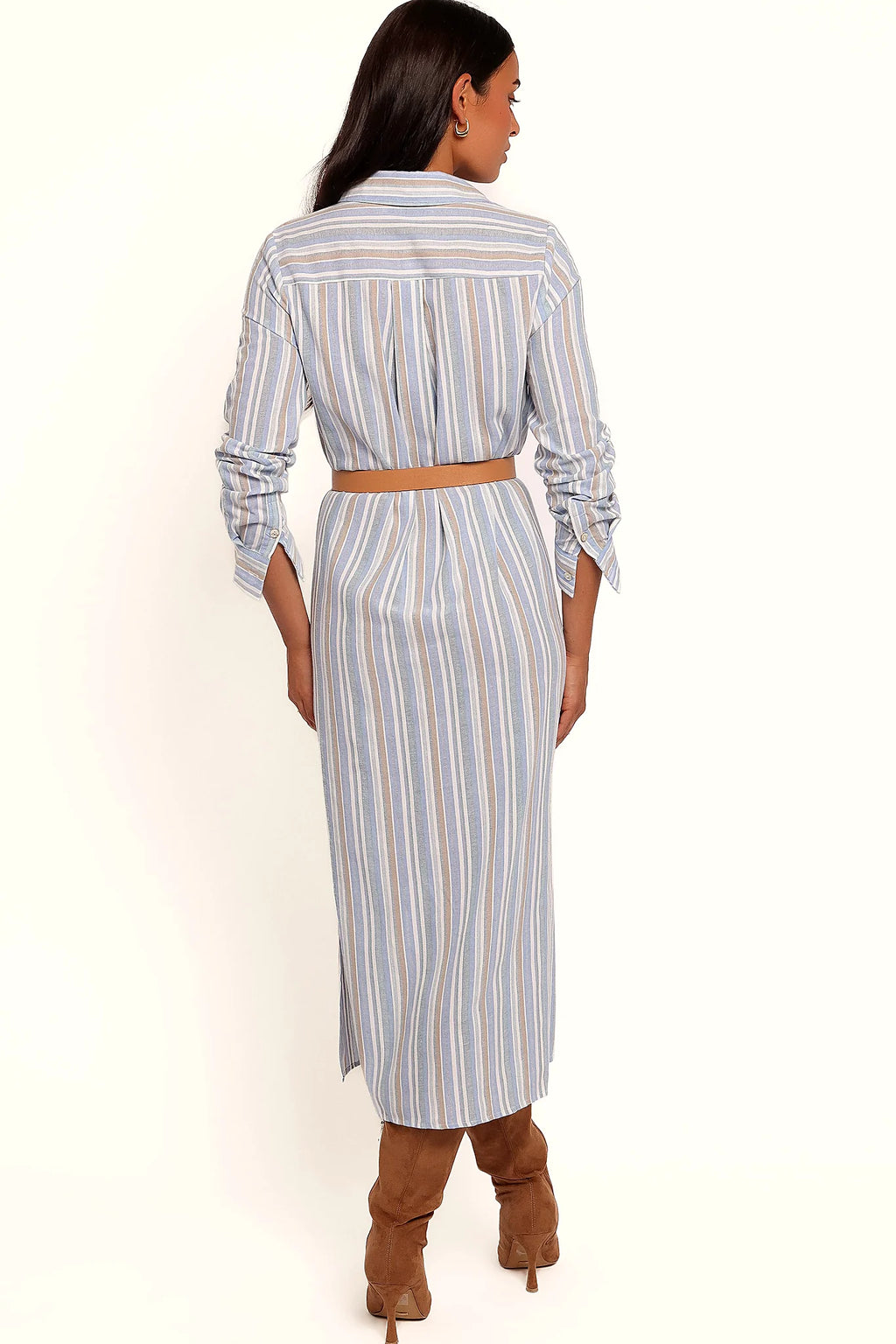 Close-up detail of a blue blue stripe button down maxi shirt dress, showing the fit and drape of the skirt