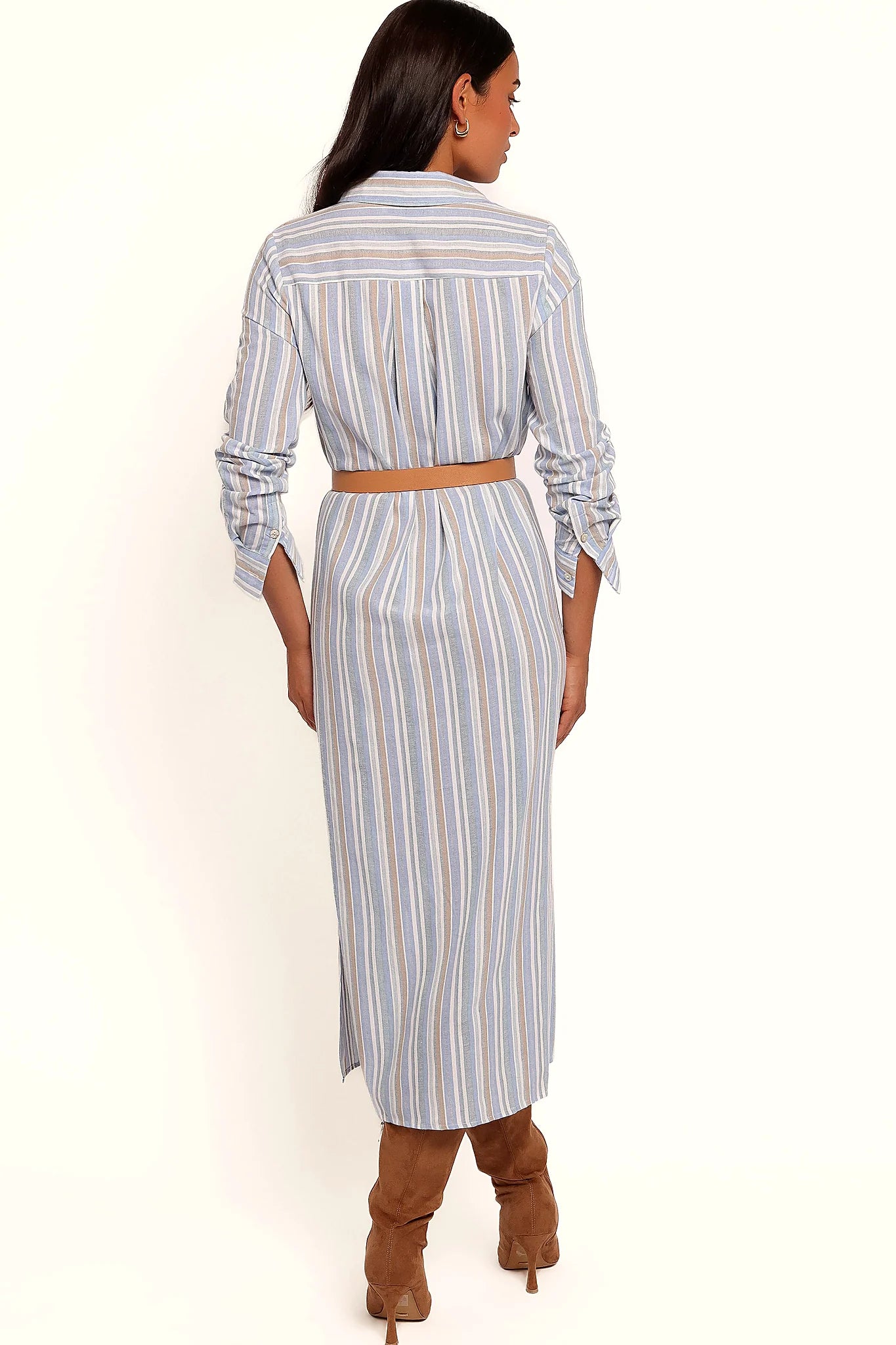 Blue striped maxi dress worn with flat shoes for errands