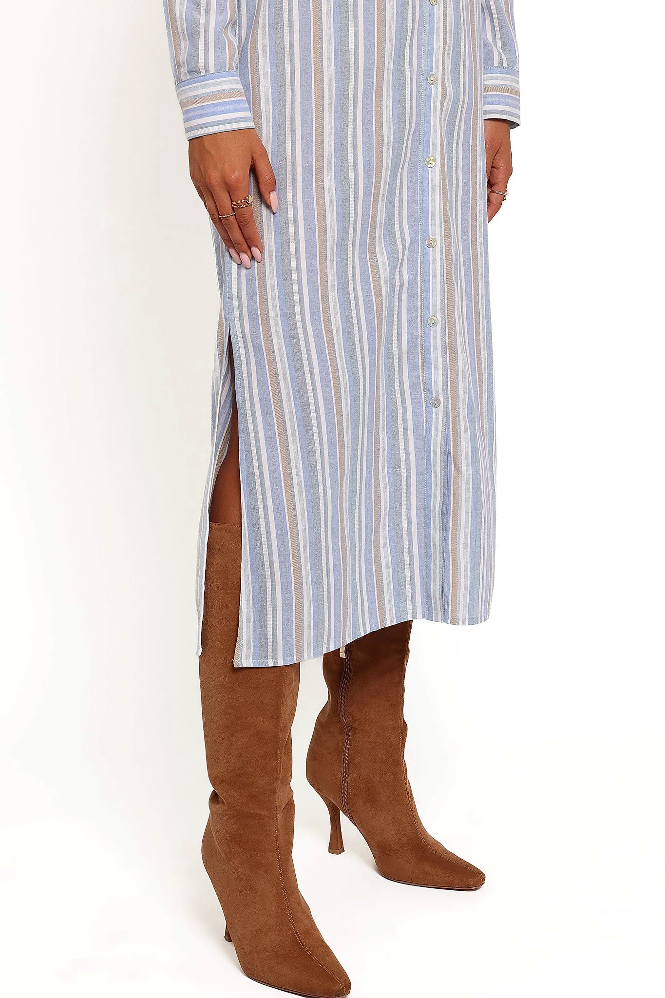 Caprice Long Sleeve Button Down Maxi Dress - Blue Stripe