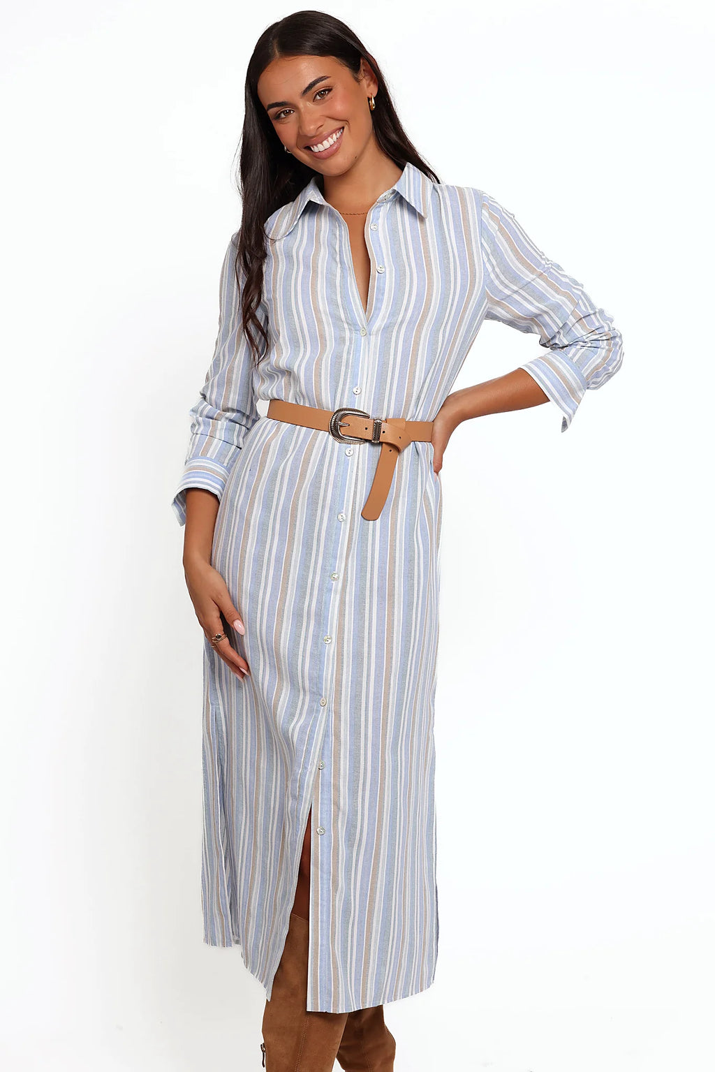 Caprice Long Sleeve Button Down Maxi Dress - Blue Stripe