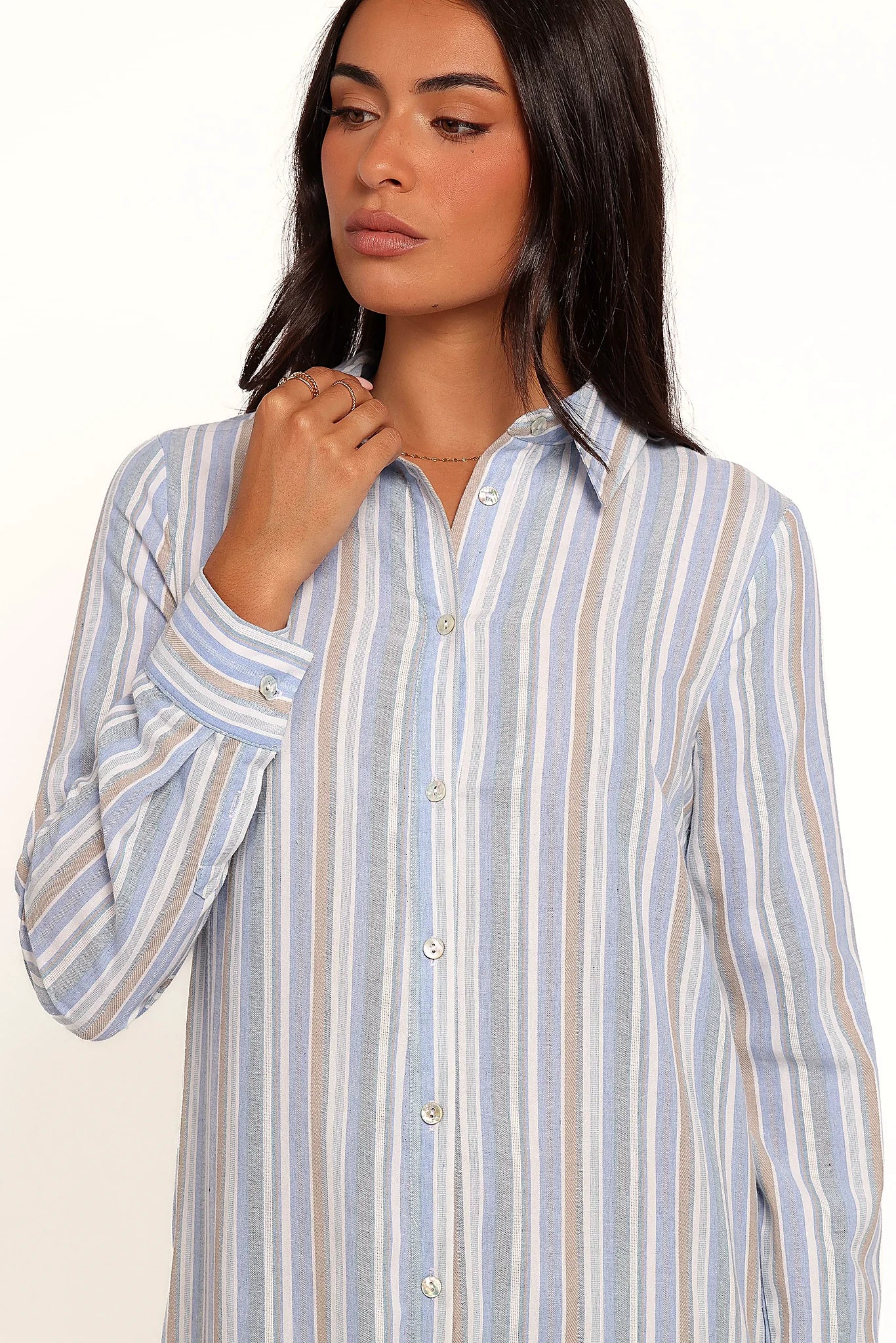 Blue stripe maxi dress with long sleeves and a spread collar