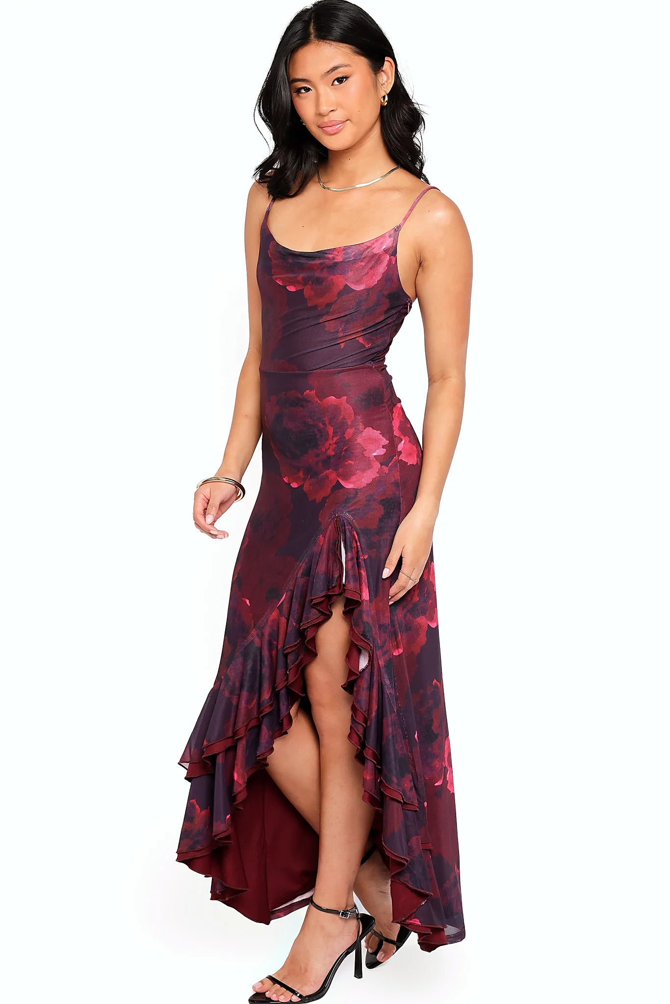Side view of a red red floral maxi dress, ruffle split, showing the neckline and bodice detail