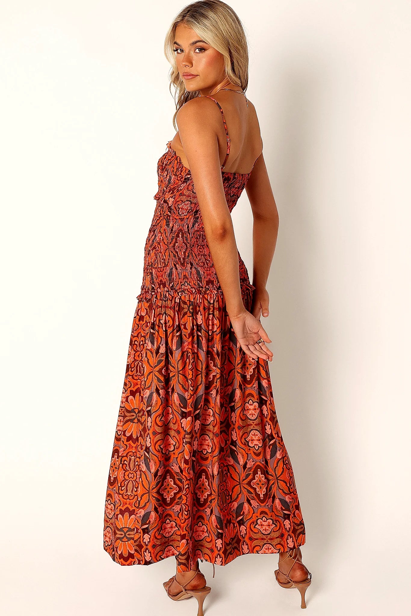 Close-up detail of a harvest moon floral midi dress, showing the neckline and bodice detail