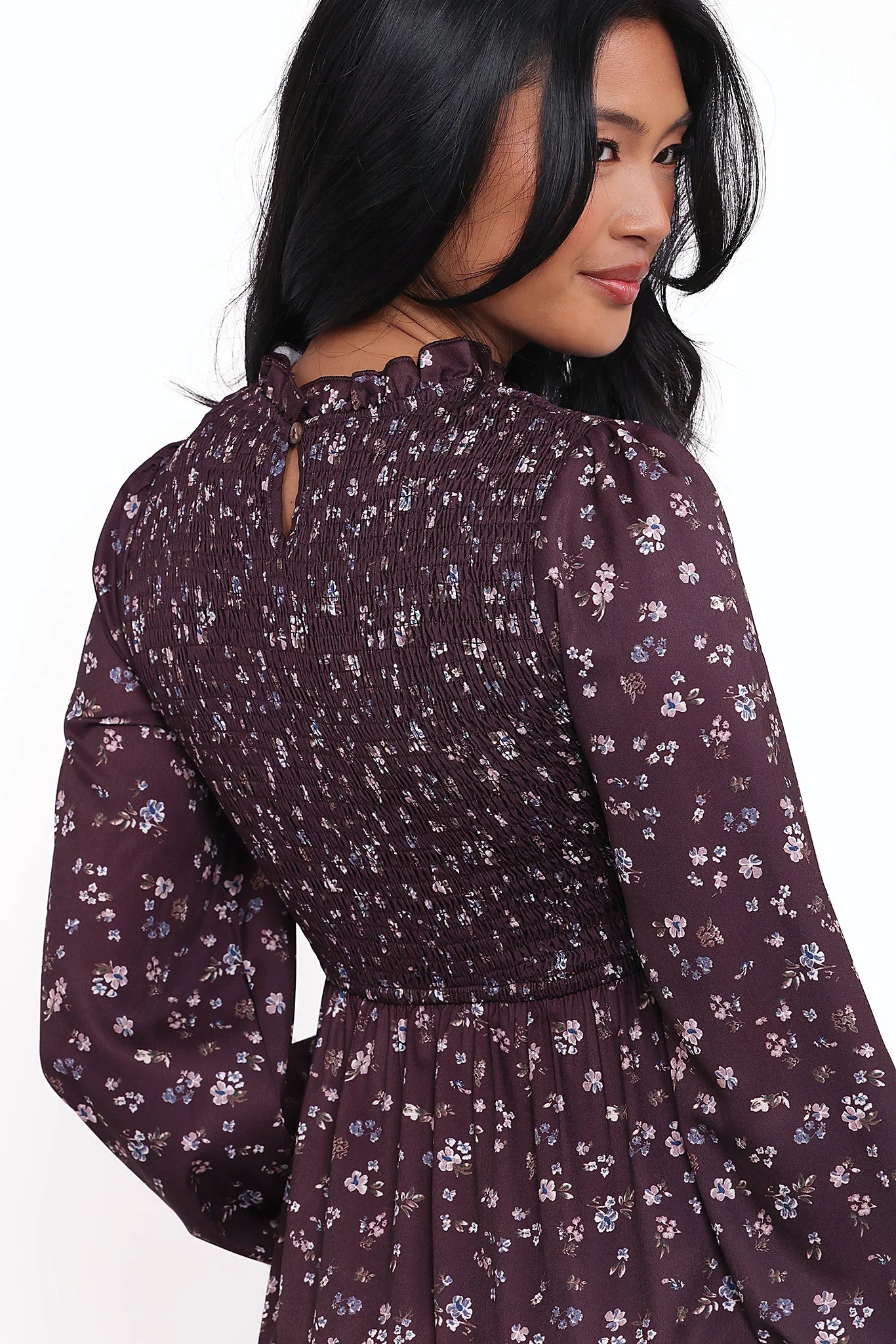 Edwina Shirred Frill Long Sleeve Midi Dress - Plum Floral