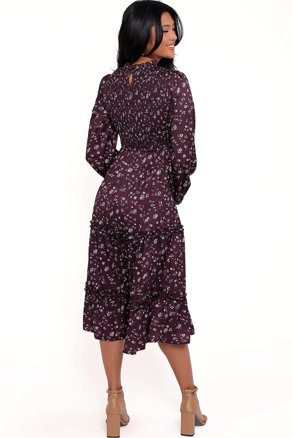 Close-up detail of a plum floral shirred midi dress, frill sleeves, showing the neckline and bodice detail