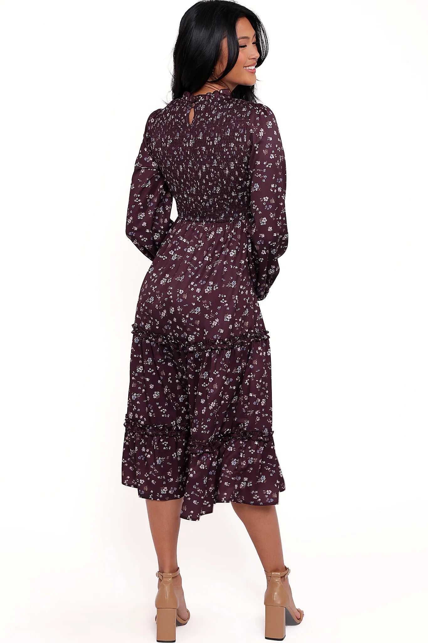 Unlined plum floral midi dress worn at an afternoon lunch