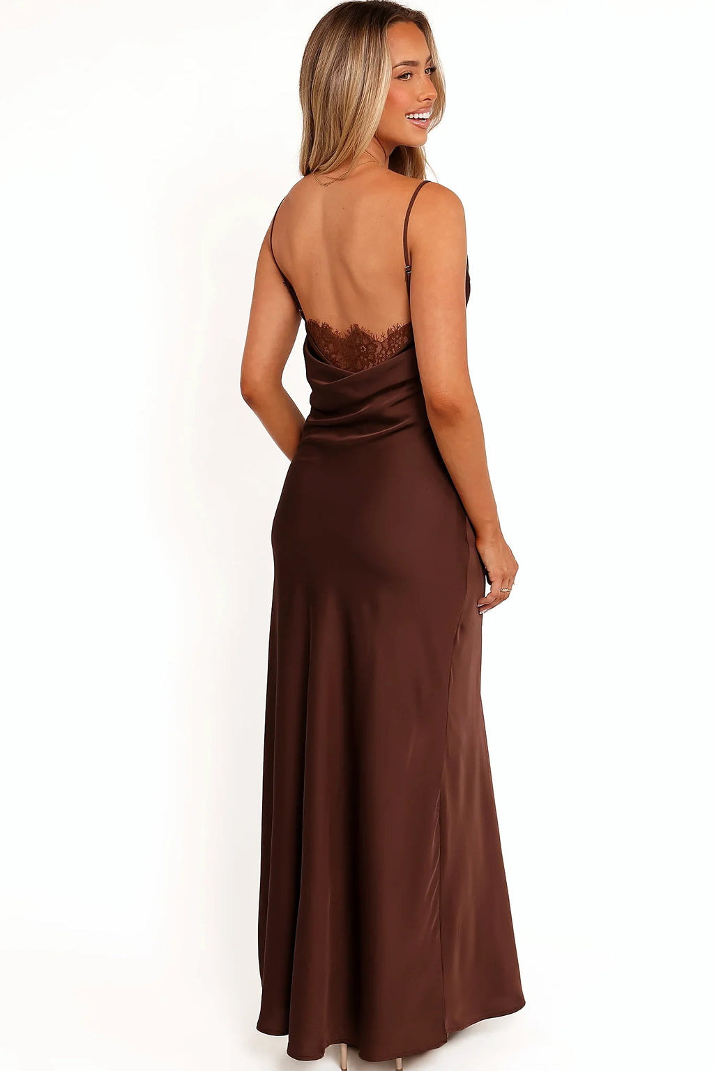 Side view of a trimmed satin maxi dress brown lace, showing the fabric and hem finish