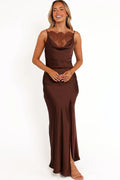 Front view of a trimmed satin maxi dress brown lace, showing the fit and drape of the skirt