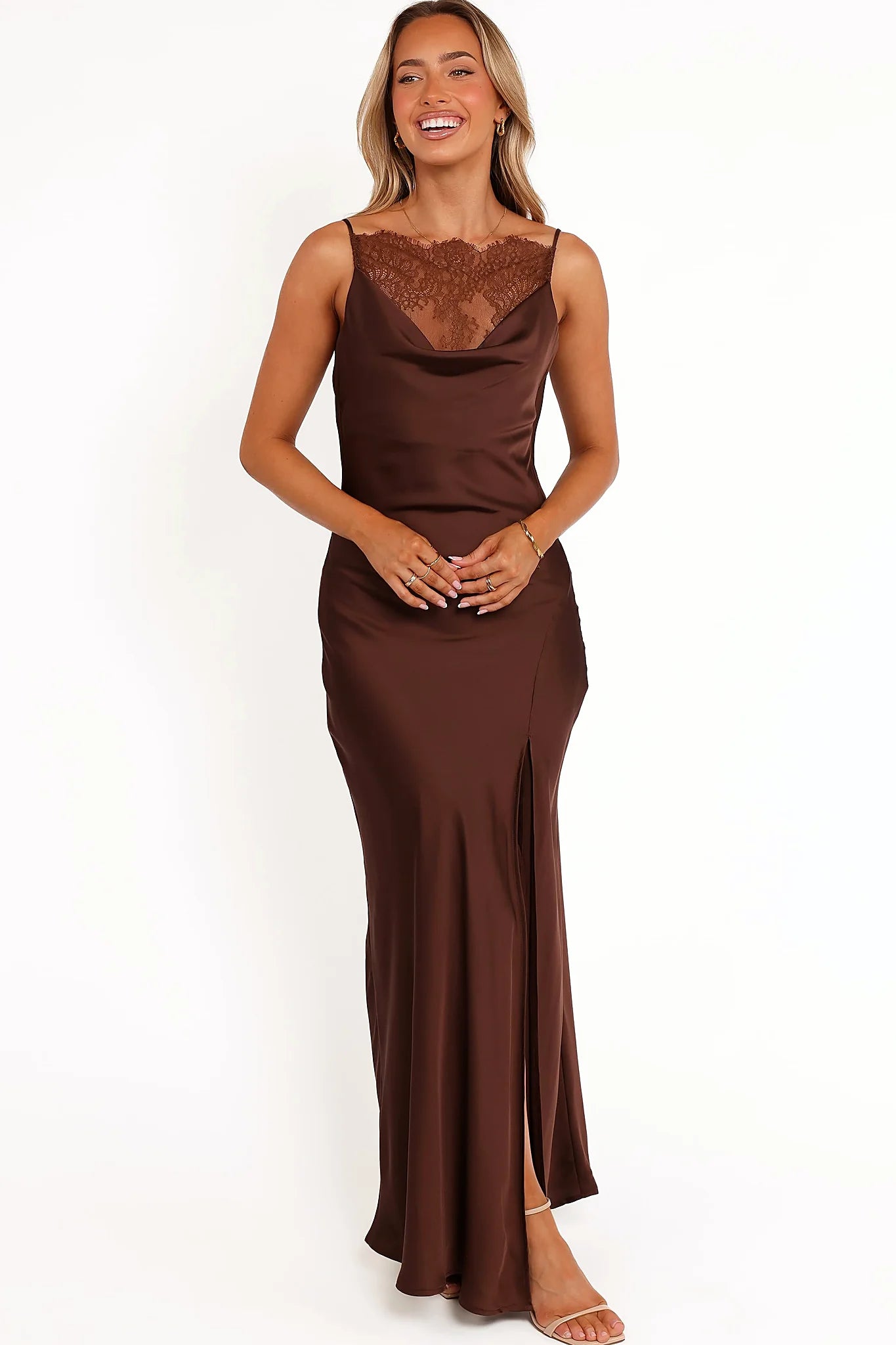 Front view of a trimmed satin maxi dress brown lace, showing the fit and drape of the skirt