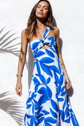 Front view of a white/blue midi dress, showing the neckline and bodice detail