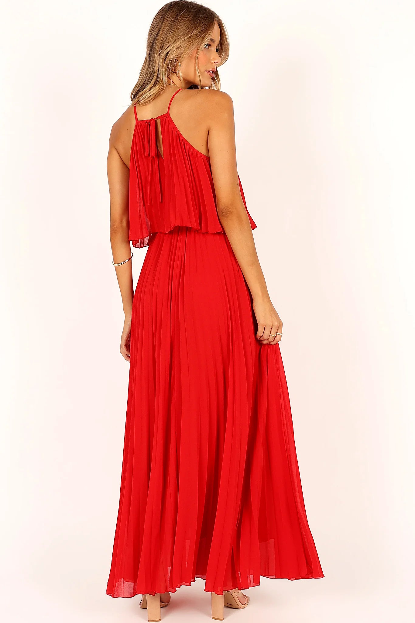 Gia Pleated Halterneck Maxi Dress - Red