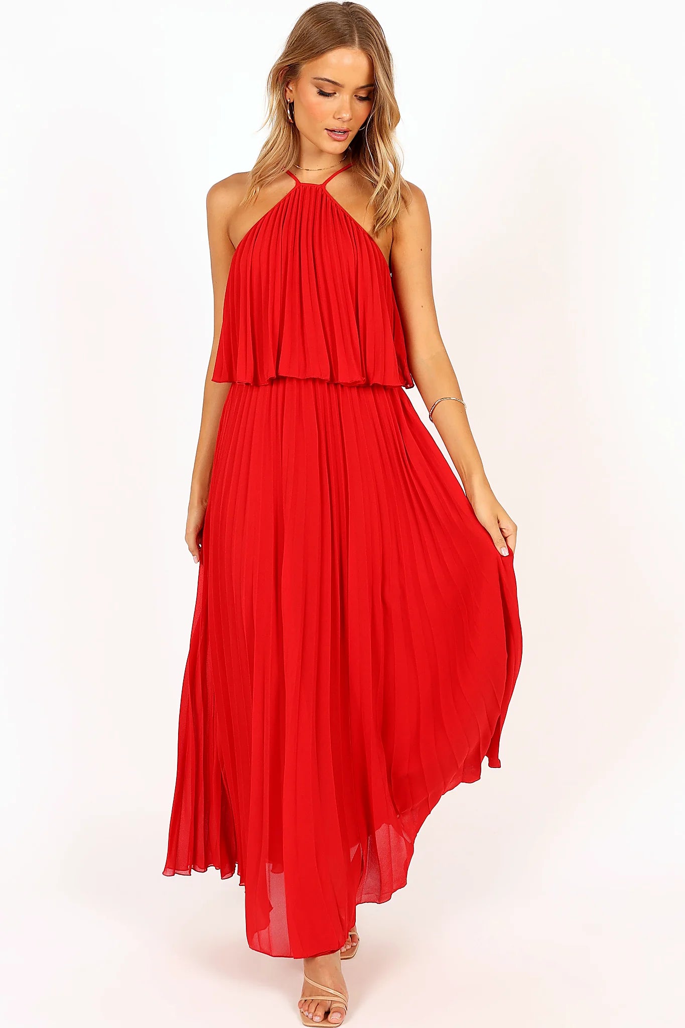 Gia Pleated Halterneck Maxi Dress - Red