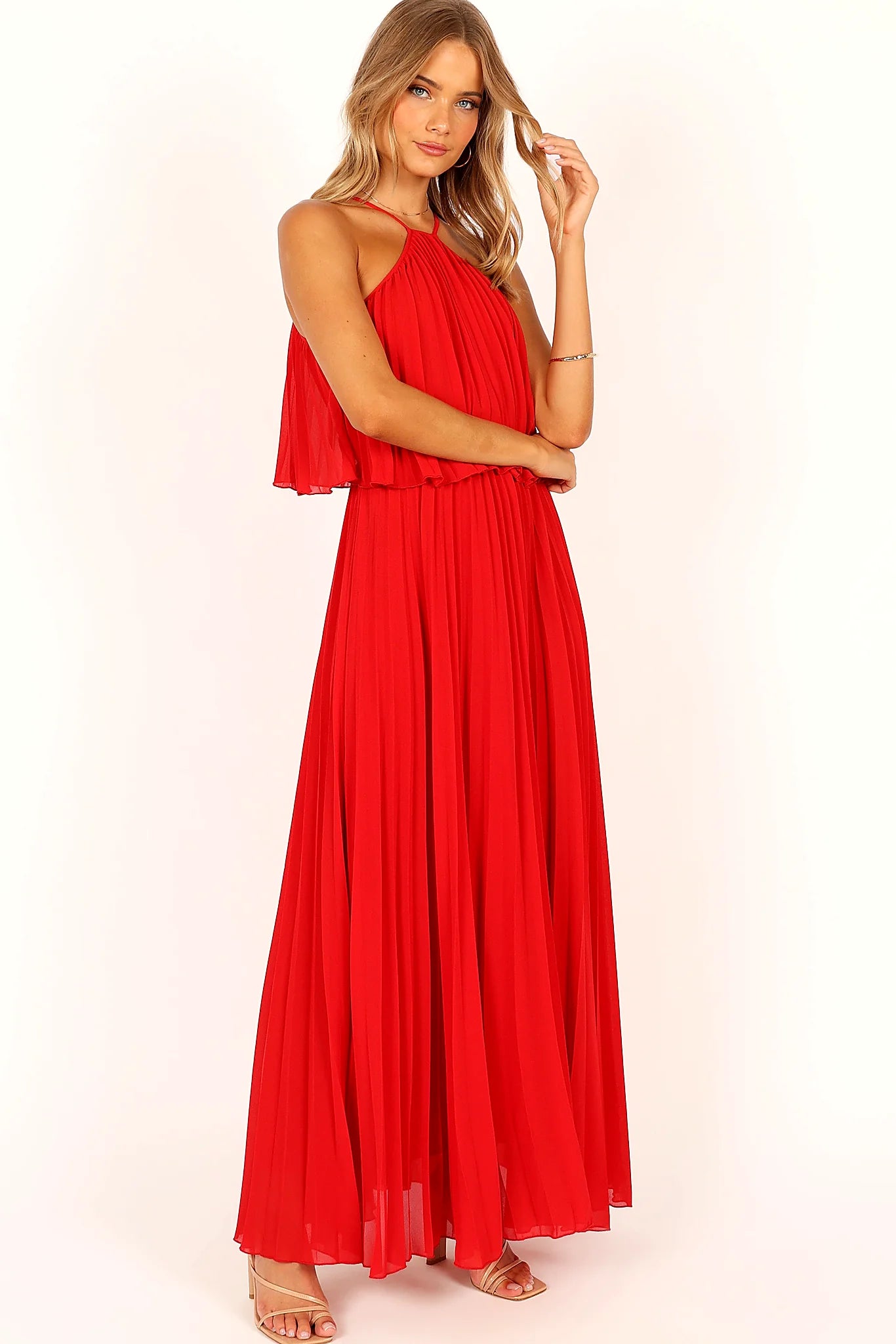 Gia Pleated Halterneck Maxi Dress - Red