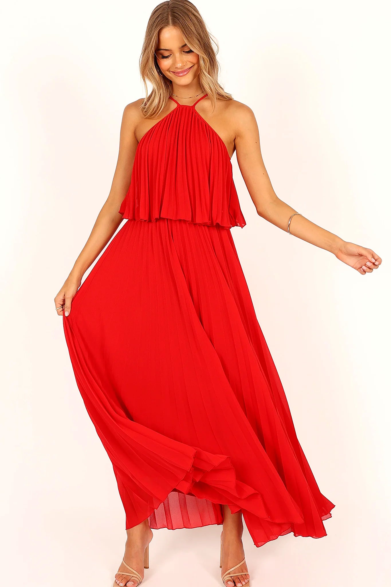 Gia Pleated Halterneck Maxi Dress - Red