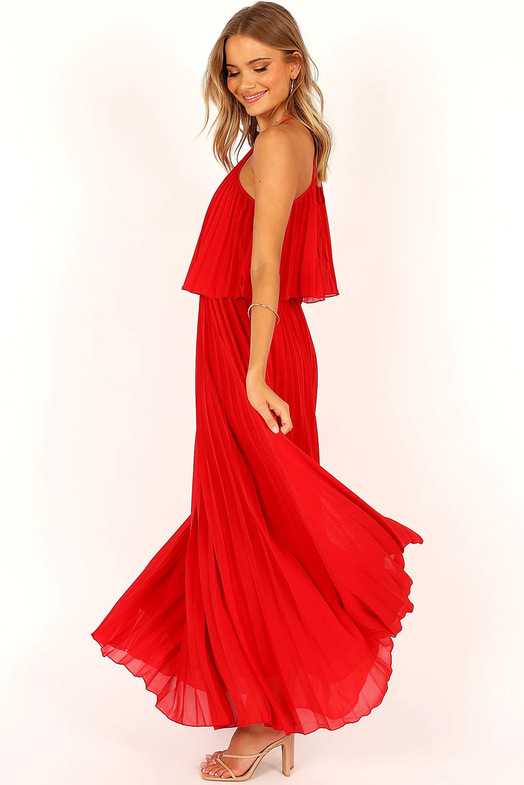 Gia Pleated Halterneck Maxi Dress - Red