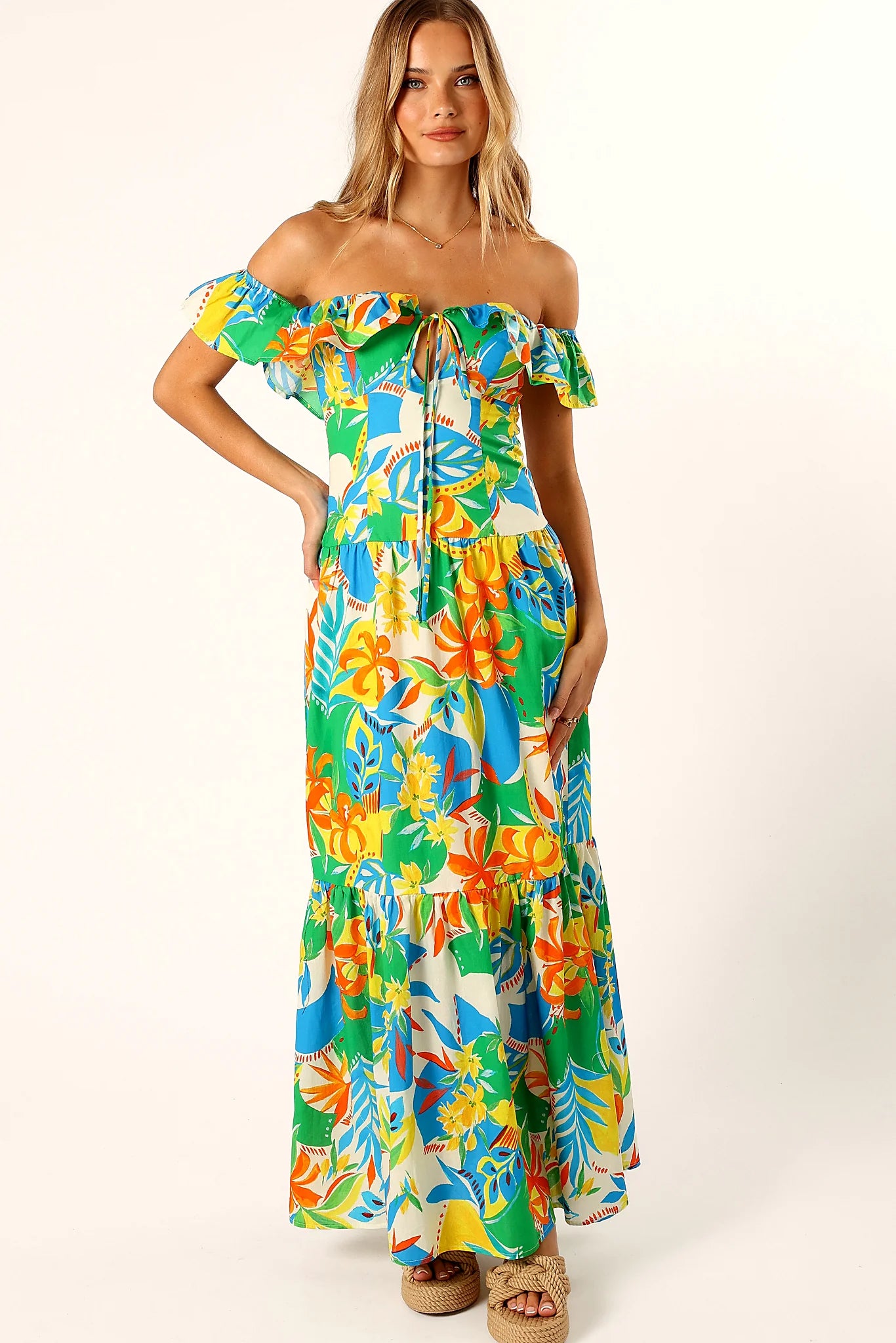 Tropical print maxi dress with a halter neck tie close