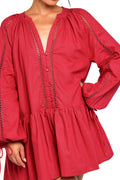 Front view of a red wine mini dress with long sleeves, showing the neckline and bodice detail