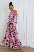 Pink floral maxi dress with a high neckline and open shoulders