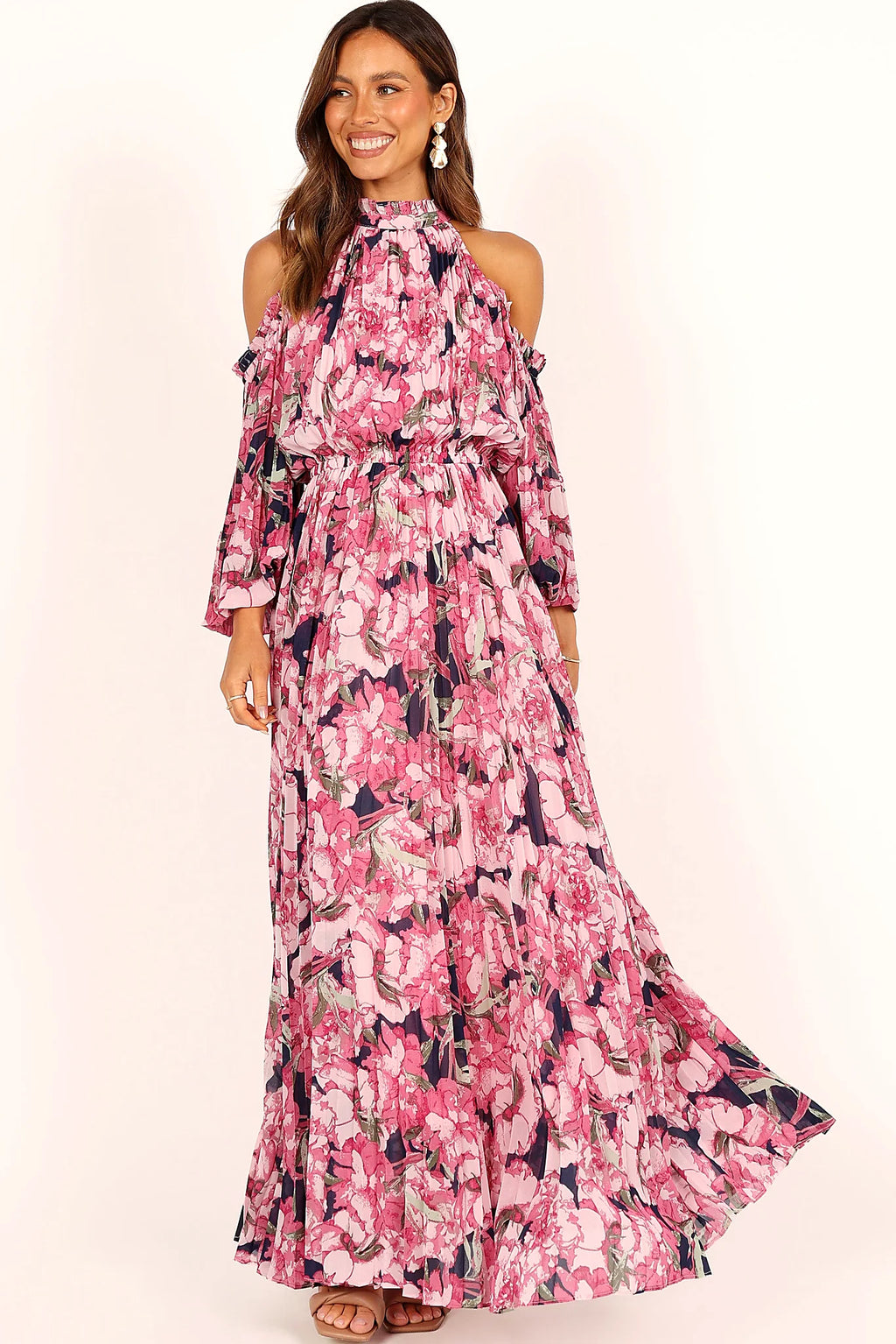 Back view of a pink pink floral pleated maxi dress, showing the neckline and bodice detail