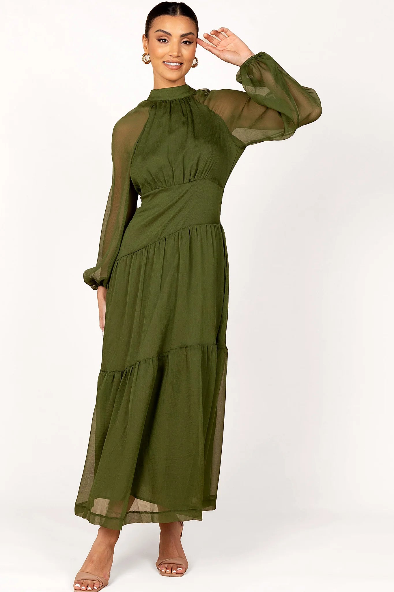 Julip Sheer Long Sleeve Maxi Dress - Olive
