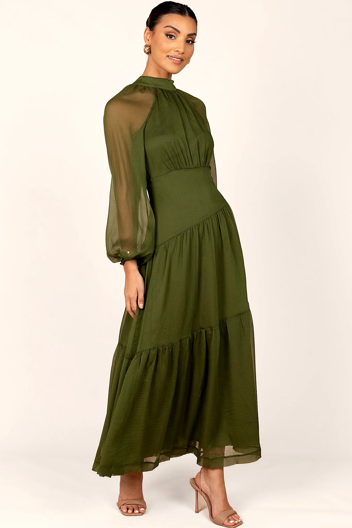 Julip Sheer Long Sleeve Maxi Dress - Olive