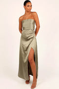 Strapless olive satin maxi dress with a straight neckline