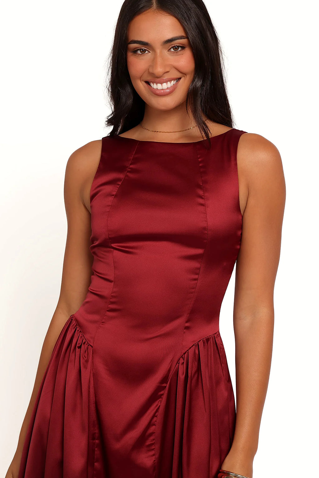 Front view of a red midi dress in deep burgundy, showing the fit and drape of the skirt