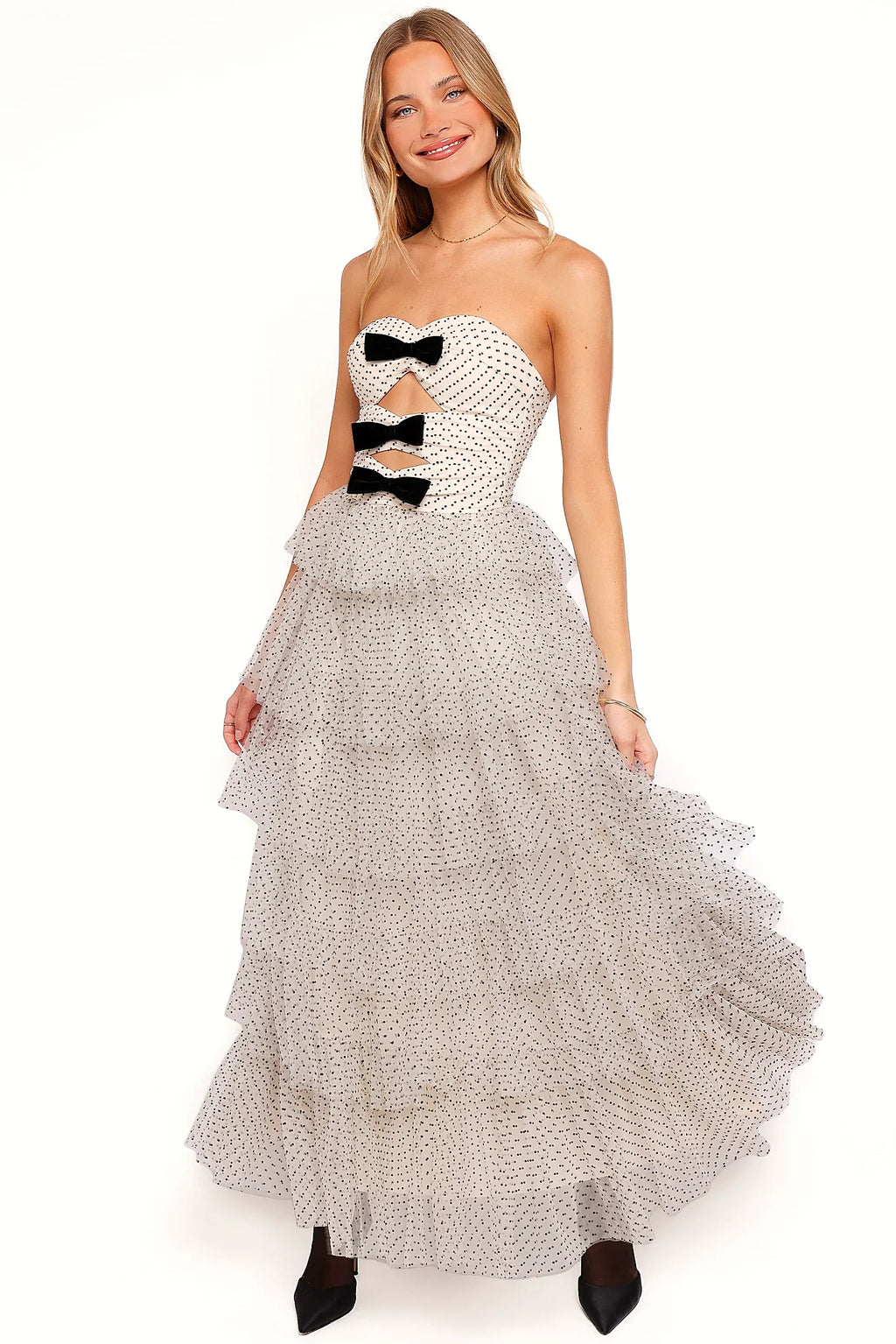 Cream polka dot midi dress with a strapless sweetheart neckline