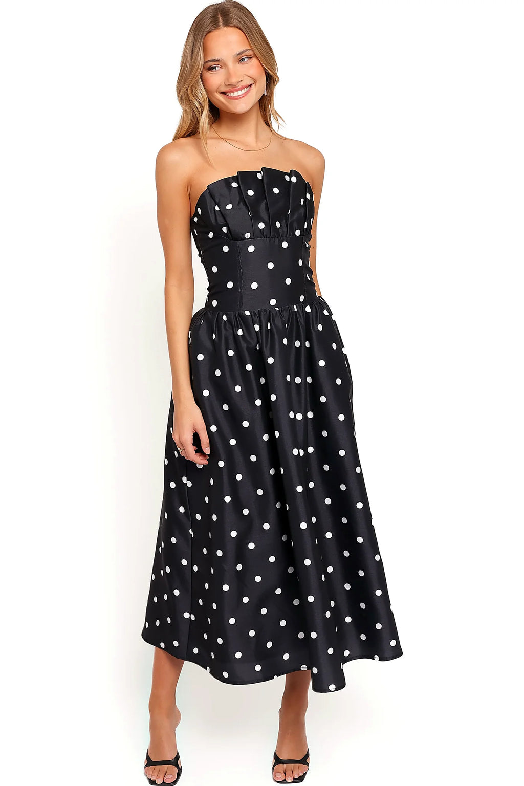 Kimbra Strapless Midi Dress - Black Polka Dot