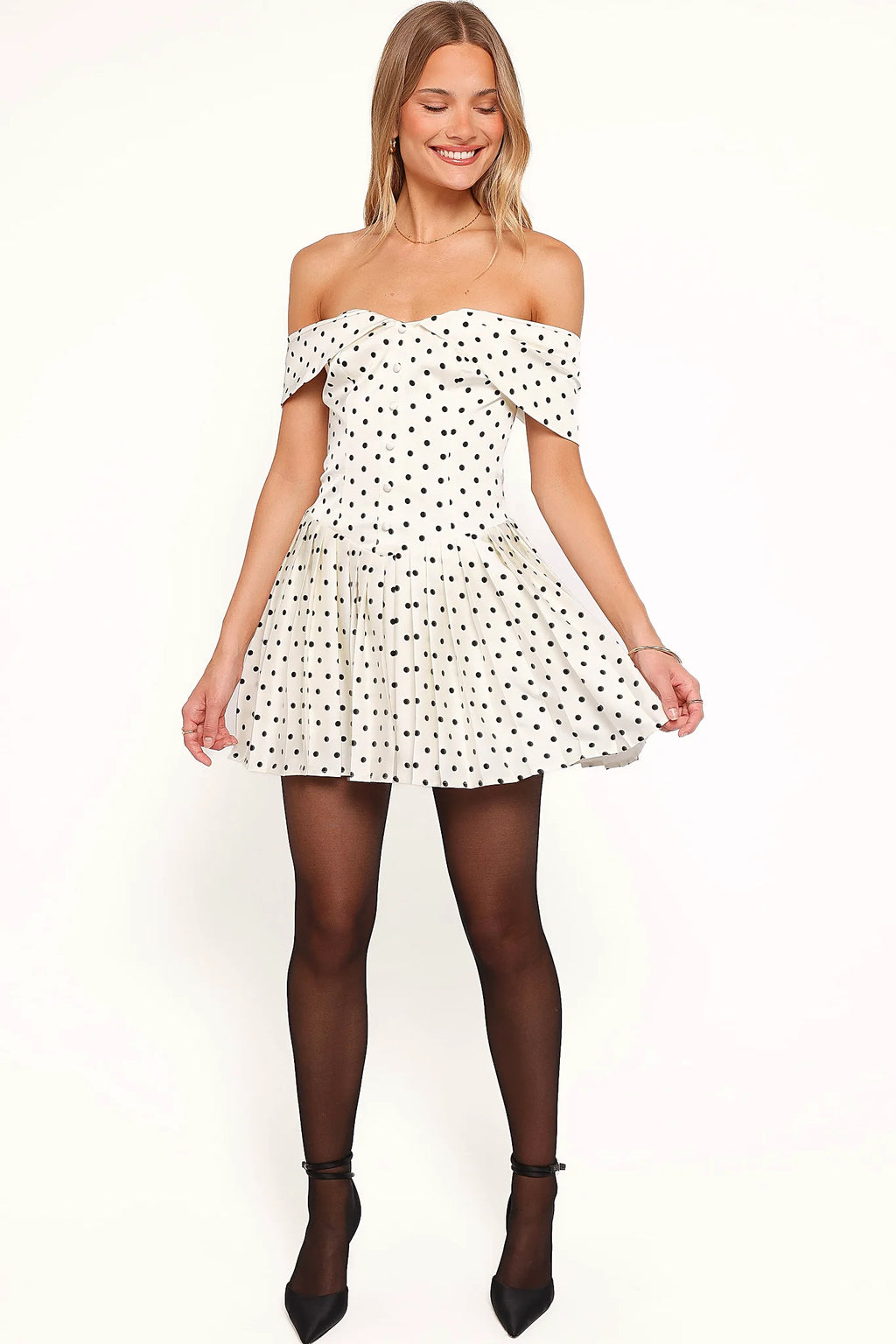 Marlie Off Shoulder Mini Dress - Cream Polka Dot