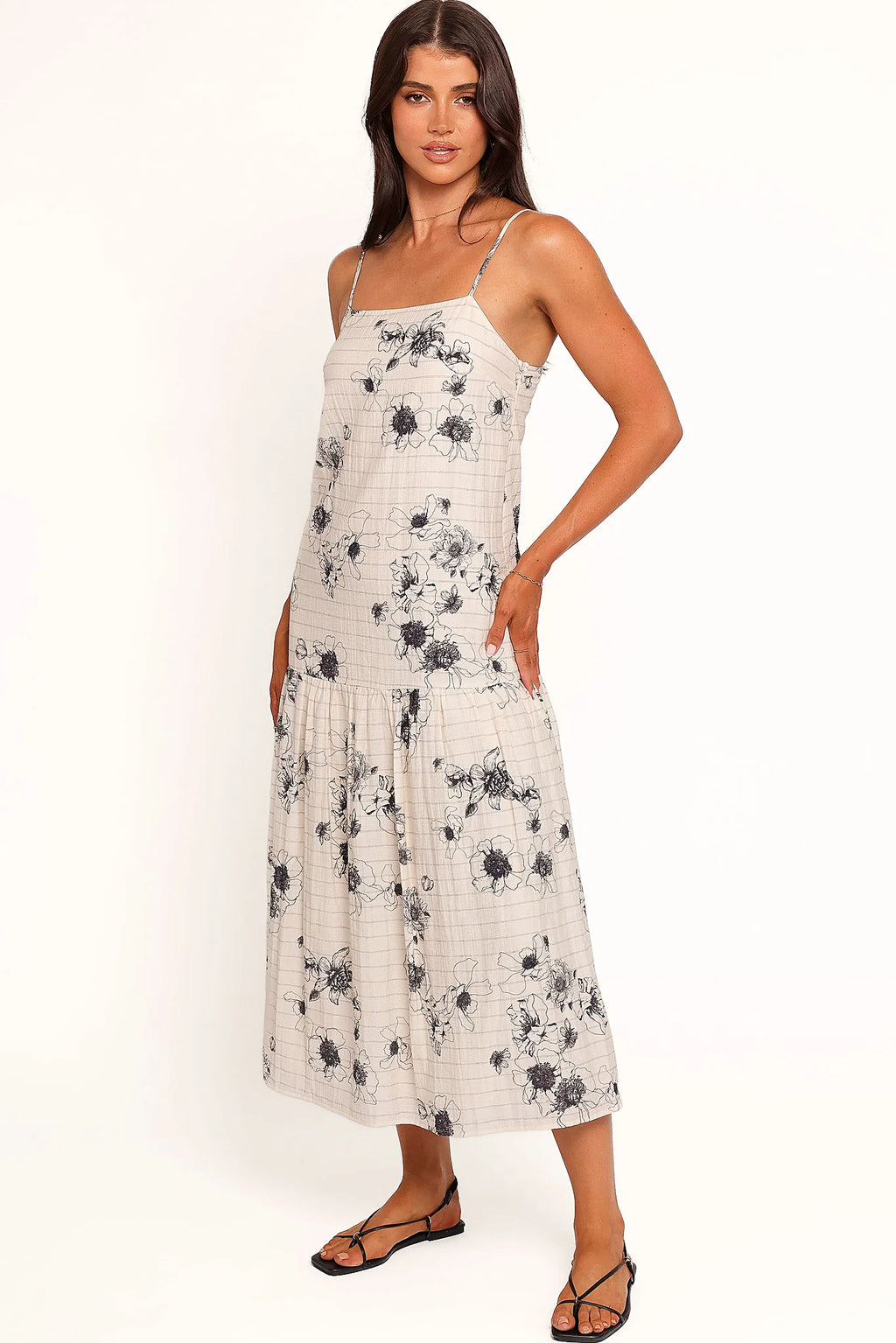Two colour floral print running the full length of a maxi dress