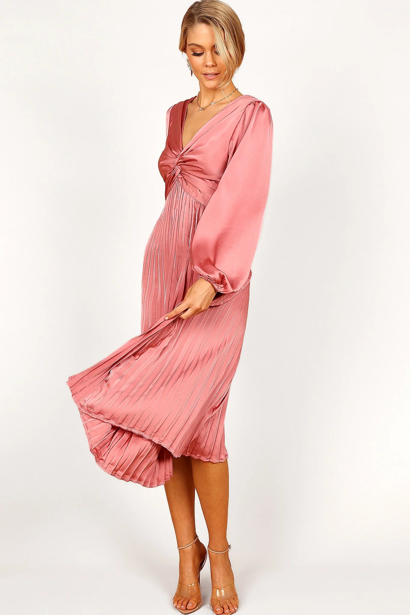 Noelle Twist Front Pleated Midi Dress - Blush