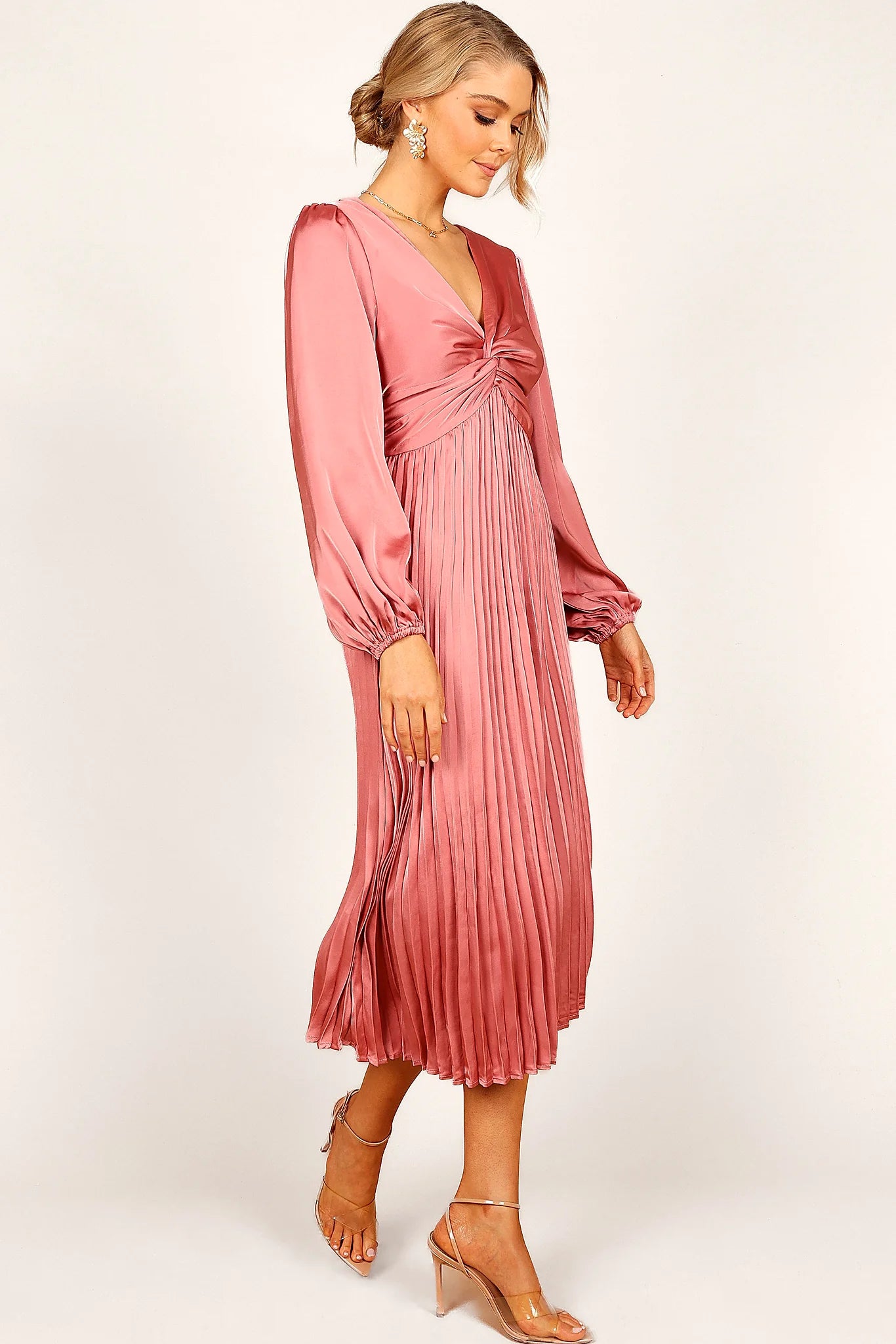 Noelle Twist Front Pleated Midi Dress - Blush