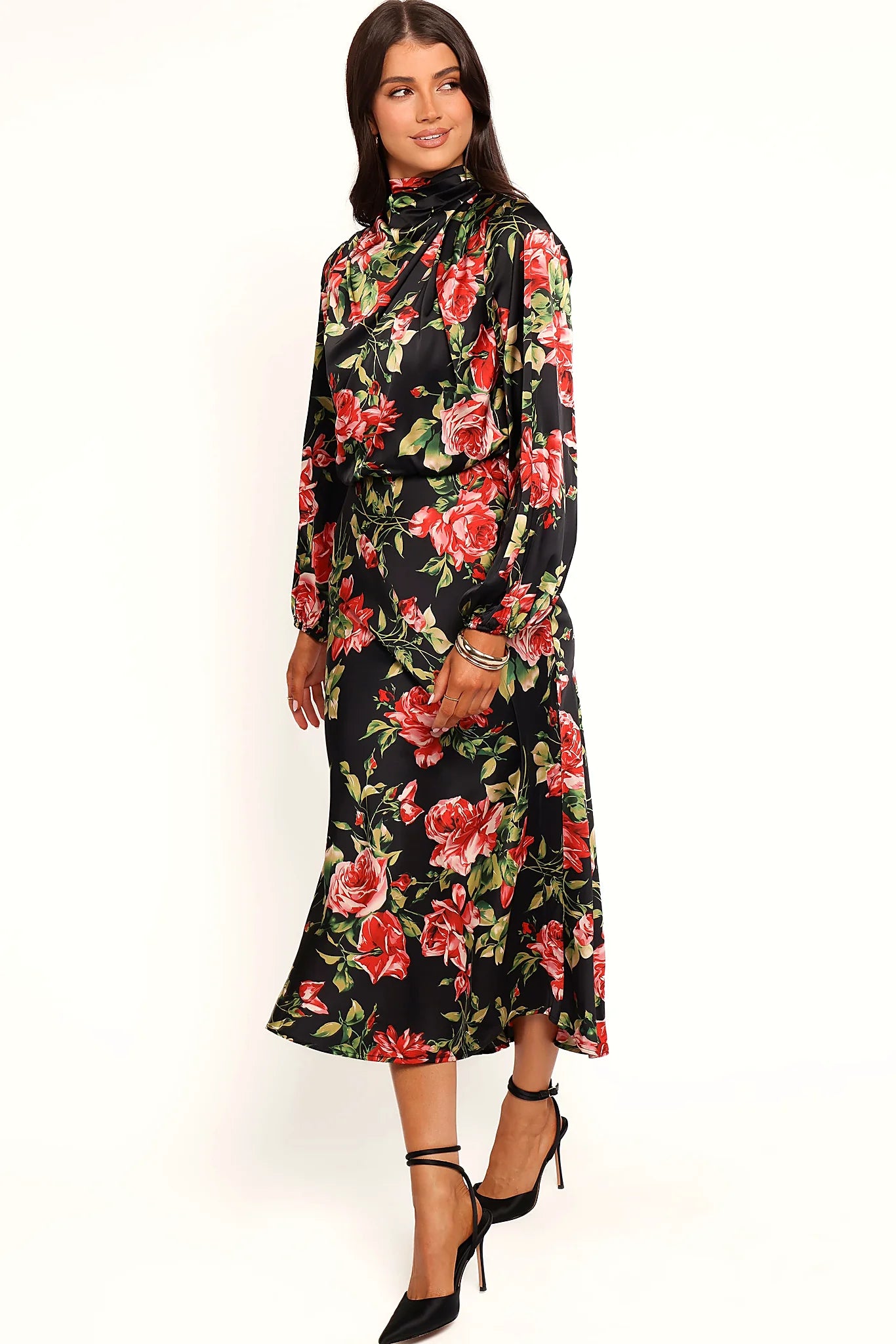 Elasticised cuff at the wrist of a long sleeve floral dress