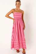 Front view of a pink pink & red stripe maxi dress, showing the fabric and hem finish