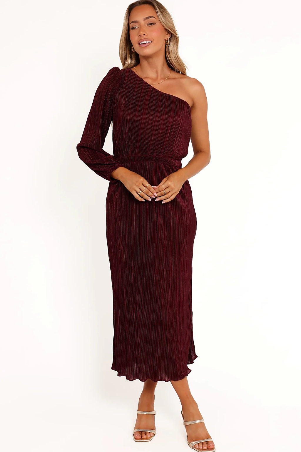 Pontee One Shoulder Pleated Midi Dress - Burgundy